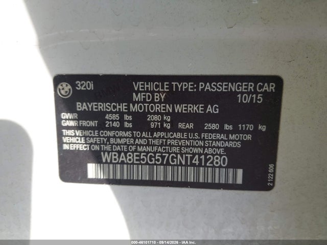 Aukcja sprzedaży 2016 Bmw 320i Xdrive, vin: WBA8E5G57GNT41280, numer aukcji: 46101710