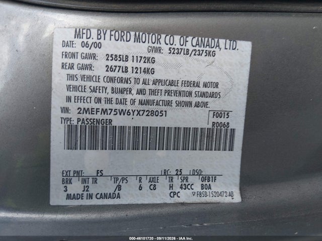 Auction sale of the 2000 Mercury Grand Marquis Ls, vin: 2MEFM75W6YX728051, lot number: 46101720
