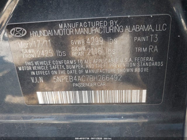 46101736 :رقم المزاد ، 5NPEB4AC7BH266492 vin ، 2011 Hyundai Sonata Gls مزاد بيع