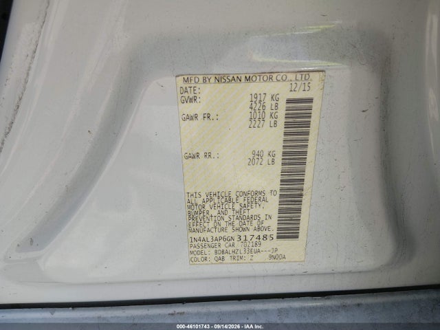 Aukcja sprzedaży 2016 Nissan Altima 2.5 Sr, vin: 1N4AL3AP6GN317485, numer aukcji: 46101743