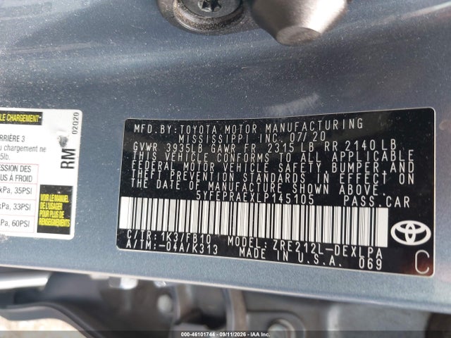 46101744 :رقم المزاد ، 5YFEPRAEXLP145105 vin ، 2020 Toyota Corolla Le مزاد بيع