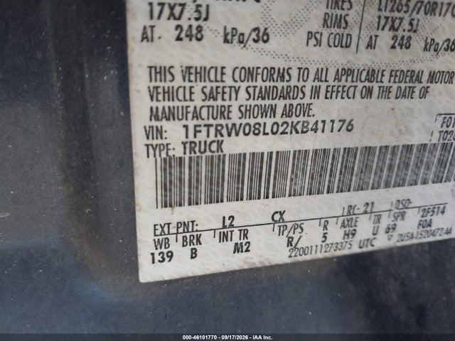 46101770 :رقم المزاد ، 1FTRW08L02KB41176 vin ، 2002 Ford F-150 Lariat/xlt مزاد بيع