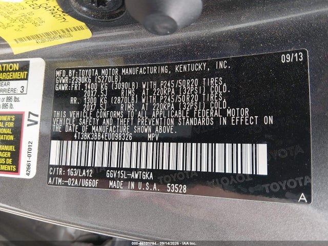 46101794 :رقم المزاد ، 4T3BK3BB4EU098326 vin ، 2014 Toyota Venza Xle V6 مزاد بيع