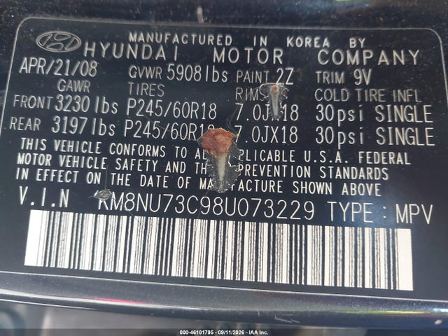 Продаж на аукціоні авто 2008 Hyundai Veracruz Gls/limited/se, vin: KM8NU73C98U073229, номер лоту: 46101795