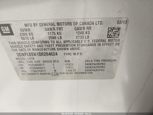 46101809 :رقم المزاد ، 2GNFLEEK1D6284624 vin ، 2013 Chevrolet Equinox 1lt مزاد بيع