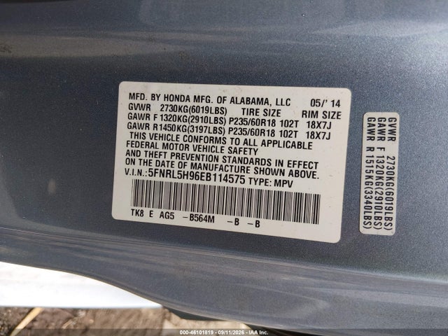 Aukcja sprzedaży 2014 Honda Odyssey Touring/touring Elite, vin: 5FNRL5H96EB114575, numer aukcji: 46101819