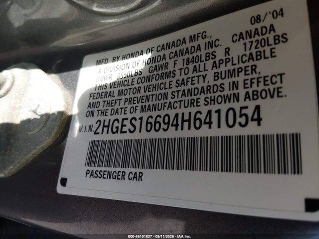 Aukcja sprzedaży 2004 Honda Civic Lx, vin: 2HGES16694H641054, numer aukcji: 46101827
