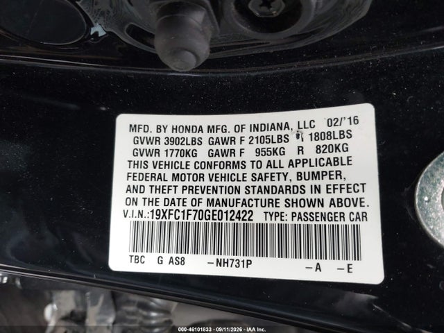 Продажа на аукционе авто 2016 Honda Civic Ex-l, vin: 19XFC1F70GE012422, номер лота: 46101833