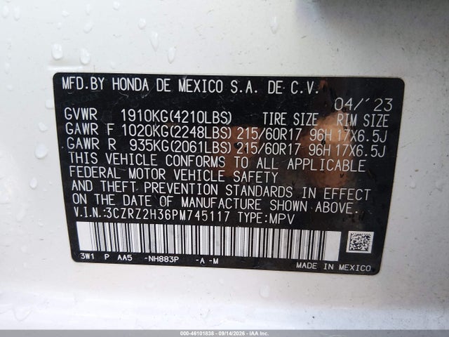 Aukcja sprzedaży 2023 Honda Hr-v Awd Lx, vin: 3CZRZ2H36PM745117, numer aukcji: 46101838