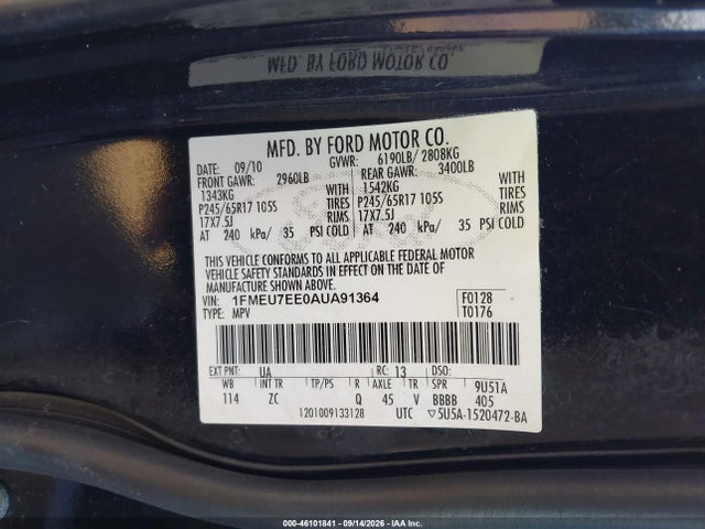 46101841 :رقم المزاد ، 1FMEU7EE0AUA91364 vin ، 2010 Ford Explorer Eddie Bauer مزاد بيع