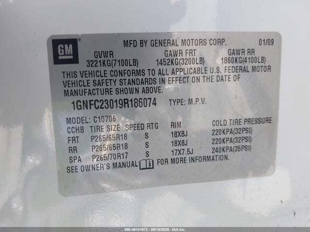 Продажа на аукционе авто 2009 Chevrolet Tahoe Lt W/2lt, vin: 1GNFC23019R186074, номер лота: 46101873