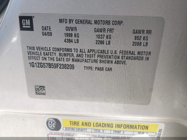46101887 :رقم المزاد ، 1G1ZG57B59F238209 vin ، 2009 Chevrolet Malibu Ls مزاد بيع