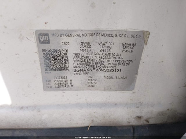 Продаж на аукціоні авто 2022 Chevrolet Equinox Fwd Premier, vin: 3GNAXNEV8NS182121, номер лоту: 46101894