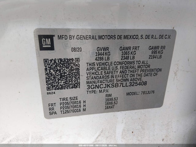2020 Chevrolet Trax Fwd Ls მანქანა იყიდება აუქციონზე, vin: 3GNCJKSB7LL325408, აუქციონის ნომერი: 46101898