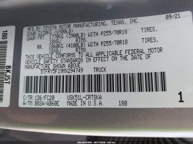 2021 Toyota Tundra Sr5 მანქანა იყიდება აუქციონზე, vin: 5TFRY5F19MX294749, აუქციონის ნომერი: 46101903