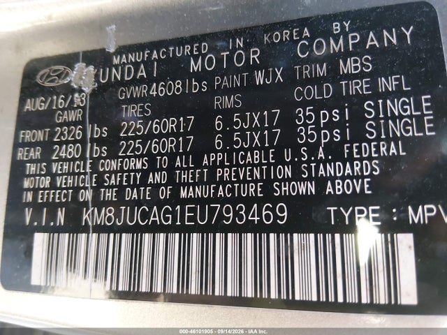 Auction sale of the 2014 Hyundai Tucson Se, vin: KM8JUCAG1EU793469, lot number: 46101905