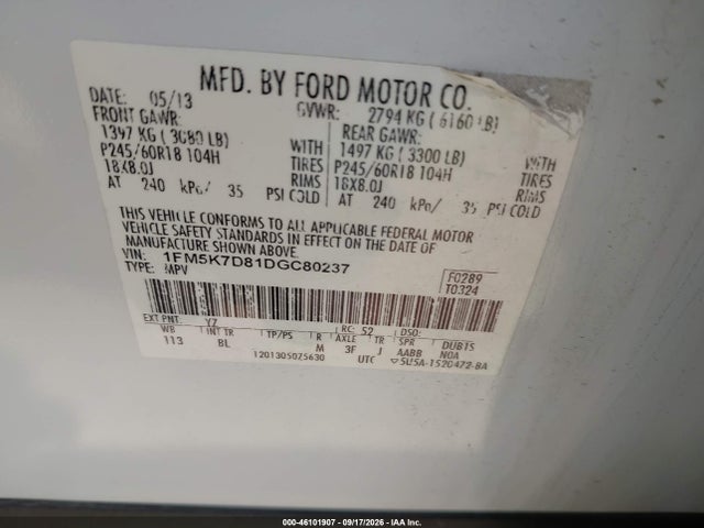 Продаж на аукціоні авто 2013 Ford Explorer Xlt, vin: 1FM5K7D81DGC80237, номер лоту: 46101907