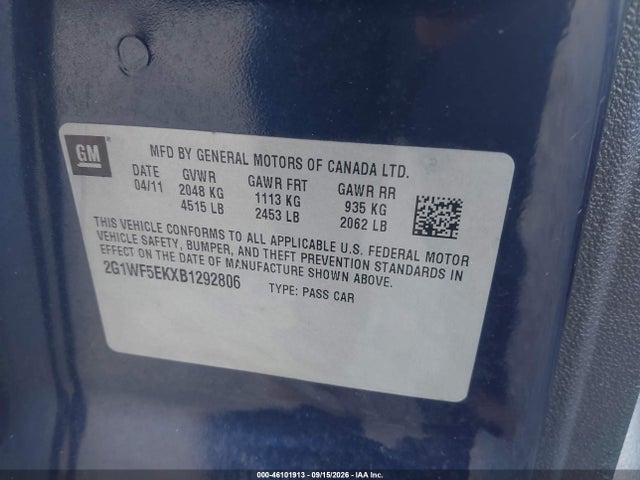 Продаж на аукціоні авто 2011 Chevrolet Impala Ls, vin: 2G1WF5EKXB1292806, номер лоту: 46101913