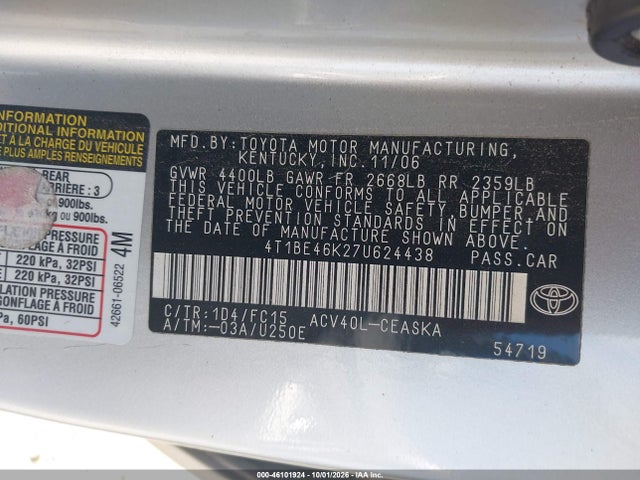 Продажа на аукционе авто 2007 Toyota Camry Se, vin: 4T1BE46K27U624438, номер лота: 46101924