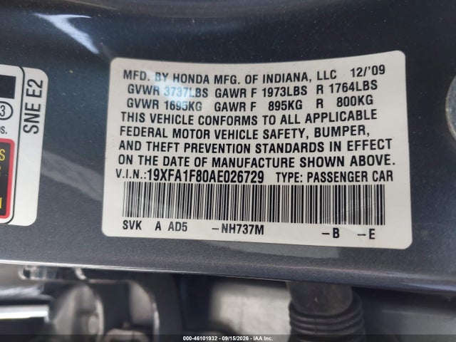 46101932 :رقم المزاد ، 19XFA1F80AE026729 vin ، 2010 Honda Civic Ex مزاد بيع