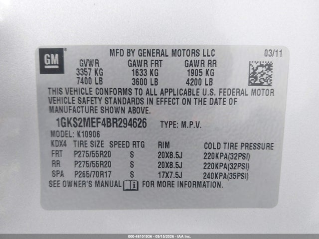 Aukcja sprzedaży 2011 Gmc Yukon Xl 1500 Denali, vin: 1GKS2MEF4BR294626, numer aukcji: 46101936