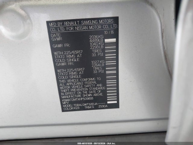 46101939 :رقم المزاد ، KNMAT2MTXHP509818 vin ، 2017 Nissan Rogue Sv مزاد بيع