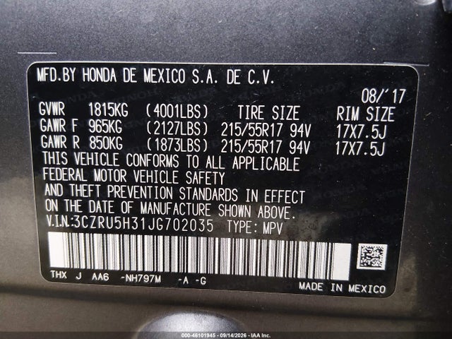 Aukcja sprzedaży 2018 Honda Hr-v Lx, vin: 3CZRU5H31JG702035, numer aukcji: 46101945