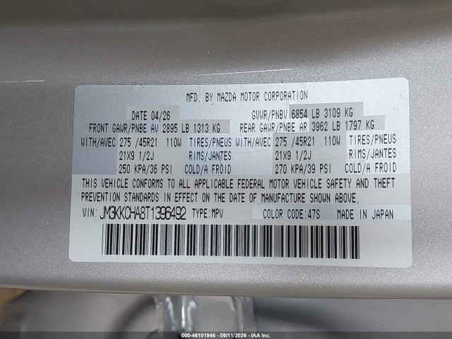 46101946 :رقم المزاد ، JM3KKCHA8T1396492 vin ، 2026 Mazda Cx-90 Phev Premium Sport مزاد بيع