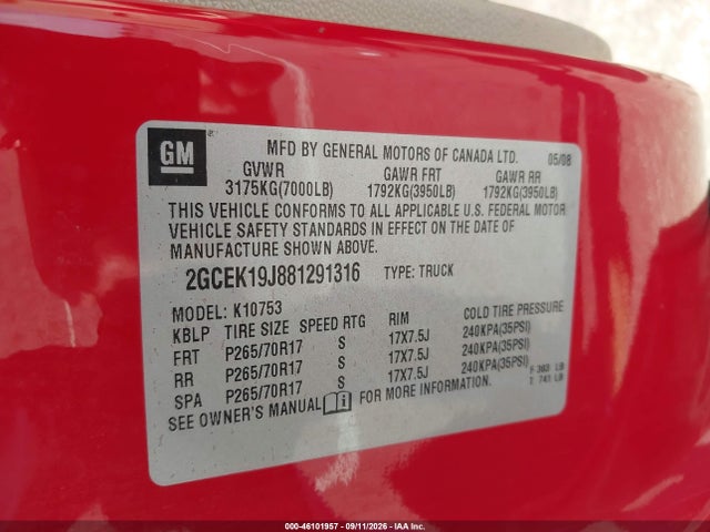 46101957 :رقم المزاد ، 2GCEK19J881291316 vin ، 2008 Chevrolet Silverado 1500 Ltz مزاد بيع