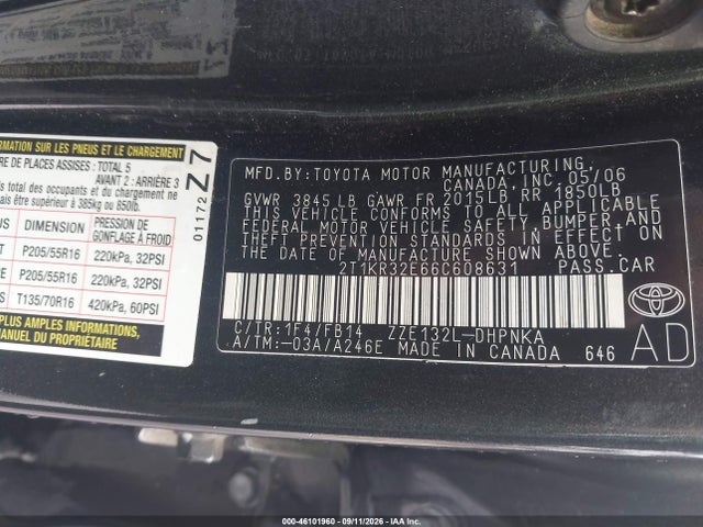 Продажа на аукционе авто 2006 Toyota Matrix Xr, vin: 2T1KR32E66C608631, номер лота: 46101960