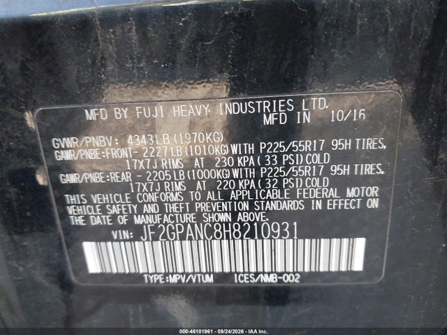 Aukcja sprzedaży 2017 Subaru Crosstrek 2.0i Limited, vin: JF2GPANC8H8210931, numer aukcji: 46101961