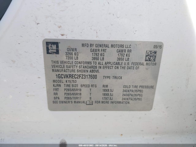 Продажа на аукционе авто 2015 Chevrolet Silverado 1500 2lt, vin: 1GCVKREC2FZ317600, номер лота: 46101963