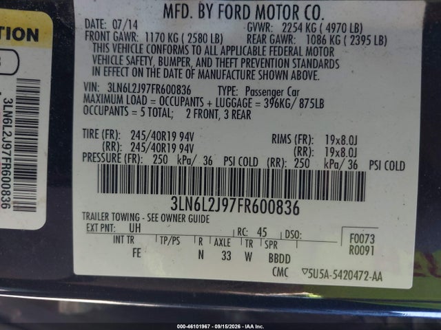 Продажа на аукционе авто 2015 Lincoln Mkz, vin: 3LN6L2J97FR600836, номер лота: 46101967