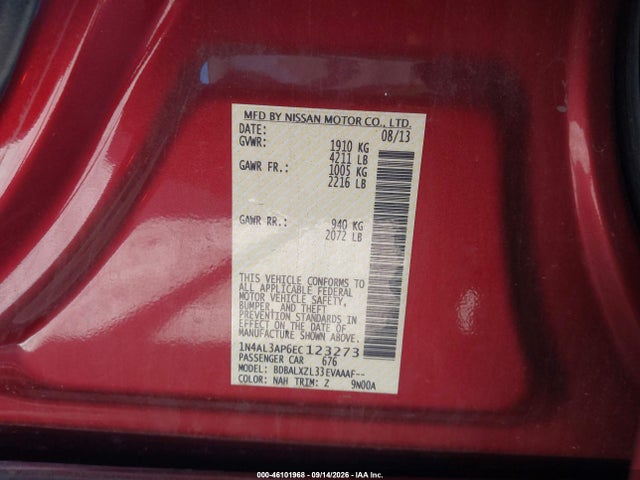 2014 Nissan Altima 2.5 Sl მანქანა იყიდება აუქციონზე, vin: 1N4AL3AP6EC123273, აუქციონის ნომერი: 46101968
