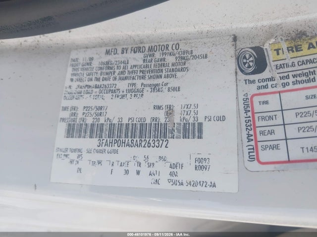 Aukcja sprzedaży 2010 Ford Fusion Se, vin: 3FAHP0HA8AR263372, numer aukcji: 46101976