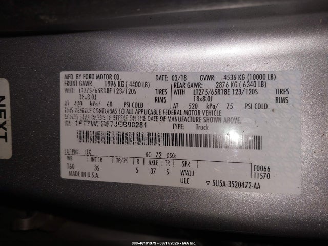 Aukcja sprzedaży 2018 Ford F-250 Xlt, vin: 1FT7W2B67JEB90281, numer aukcji: 46101979