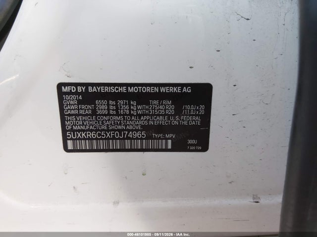 46101985 :رقم المزاد ، 5UXKR6C5XF0J74965 vin ، 2015 Bmw X5 Xdrive50i مزاد بيع