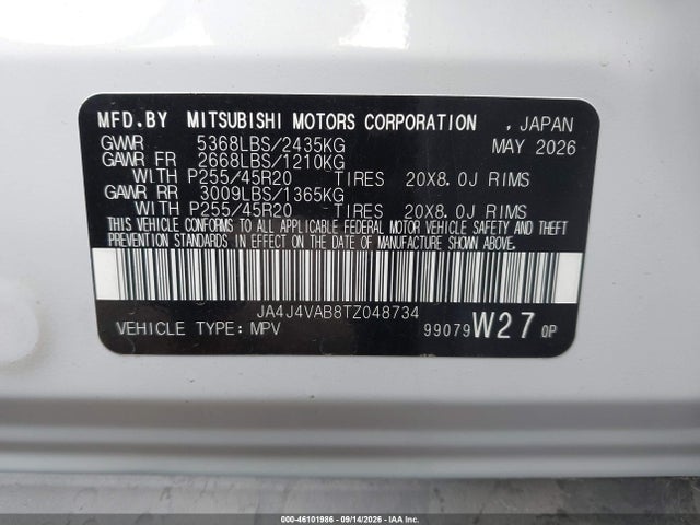 46101986 :رقم المزاد ، JA4J4VAB8TZ048734 vin ، 2026 Mitsubishi Outlander Le 2.5 S-awc/ralliart 2.5 S-awc/se 2.5 S-awc/trail Edition 2.5 S-awc مزاد بيع