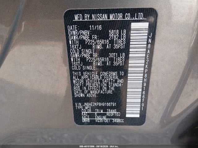 Продаж на аукціоні авто 2017 Nissan Quest Sv, vin: JN8AE2KP8H9166791, номер лоту: 46101996