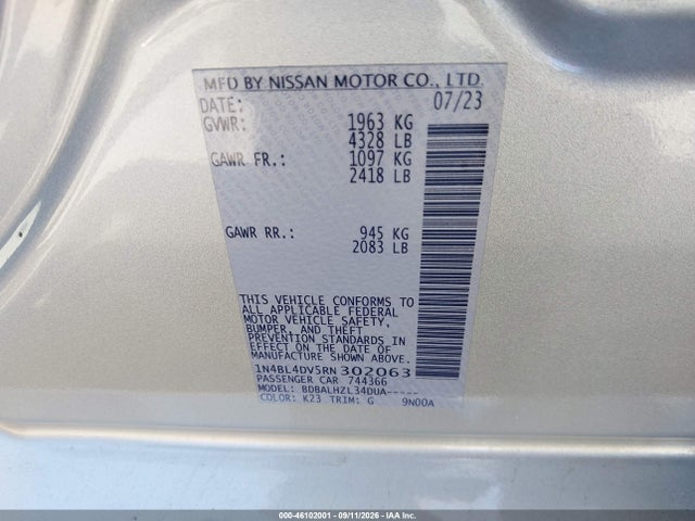 46102001 :رقم المزاد ، 1N4BL4DV5RN302063 vin ، 2024 Nissan Altima Sv Fwd مزاد بيع