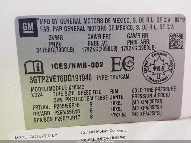 Продаж на аукціоні авто 2013 Gmc Sierra 1500 Sle, vin: 3GTP2VE76DG191940, номер лоту: 46102009