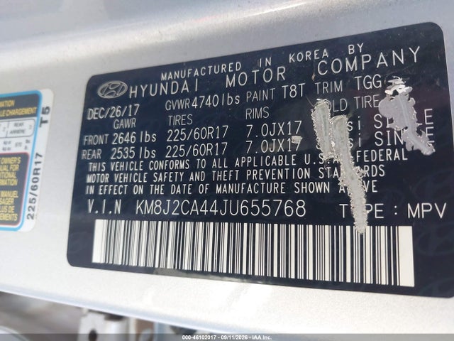 Aukcja sprzedaży 2018 Hyundai Tucson Se, vin: KM8J2CA44JU655768, numer aukcji: 46102017