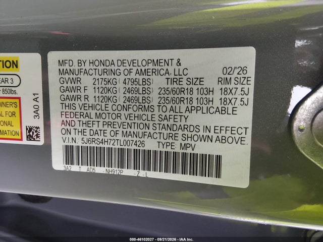 Продаж на аукціоні авто 2026 Honda Cr-v Ex-l Awd, vin: 5J6RS4H72TL007426, номер лоту: 46102027