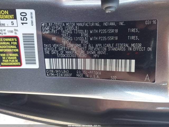 Aukcja sprzedaży 2016 Toyota Sienna Limited 7 Passenger, vin: 5TDDK3DCXGS136080, numer aukcji: 46102038