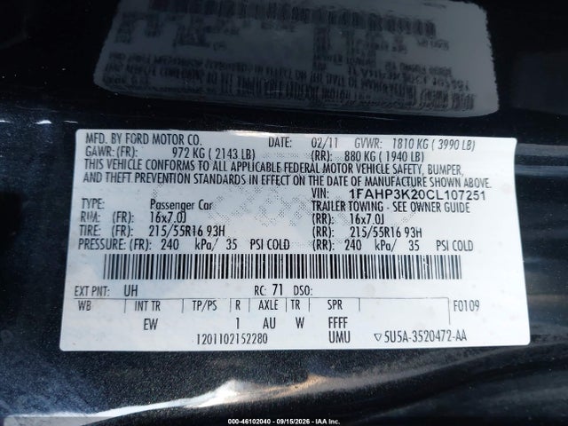 46102040 :رقم المزاد ، 1FAHP3K20CL107251 vin ، 2012 Ford Focus Se مزاد بيع