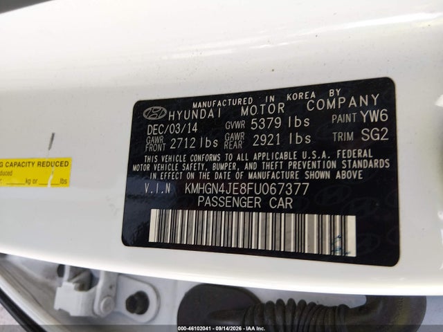 Продаж на аукціоні авто 2015 Hyundai Genesis 3.8, vin: KMHGN4JE8FU067377, номер лоту: 46102041