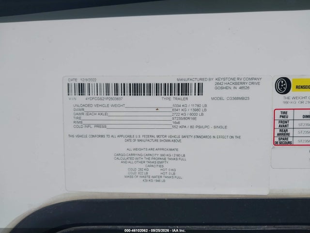 Продажа на аукционе авто 2023 Keystone Other, vin: 4YDFCGS21P2503637, номер лота: 46102062