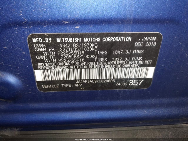 Aukcja sprzedaży 2019 Mitsubishi Outlander Sport 2.0 Es, vin: JA4AR3AU9KU020606, numer aukcji: 46102072