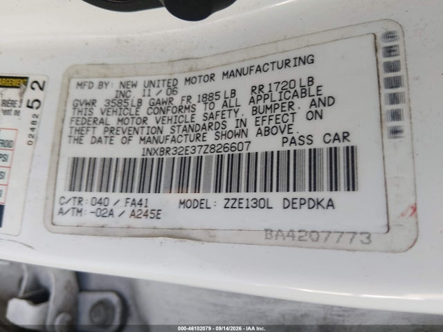 Продаж на аукціоні авто 2007 Toyota Corolla Ce, vin: 1NXBR32E37Z826607, номер лоту: 46102079