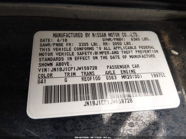Aukcja sprzedaży 2018 Nissan Rogue Sport S, vin: JN1BJ1CP1JW159728, numer aukcji: 46102086